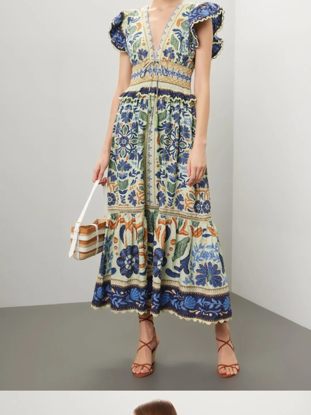FARM Rio Blue, Green & Tan Floral Tiered Maxi Dress